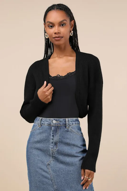 Snuggly Ease Black Ribbed Open-Front Shrug Sweater sold by Lulus