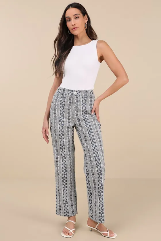 Sunnier Scenes Blue and Ivory Embroidered High-Rise Pants sold by Lulus