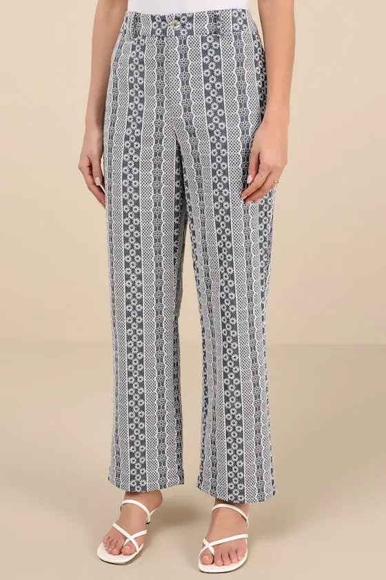 Sunnier Scenes Blue and Ivory Embroidered High-Rise Pants sold by Lulus product image thumbnail 2