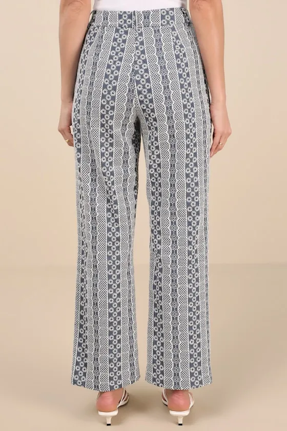 Sunnier Scenes Blue and Ivory Embroidered High-Rise Pants sold by Lulus product image thumbnail 3