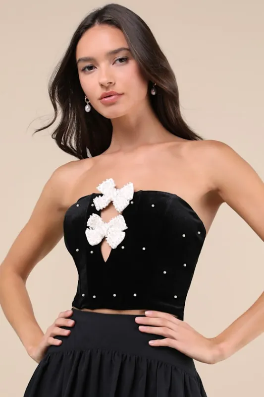 Exceptional Charmer Black Velvet Bow Crop Top made by Lulus