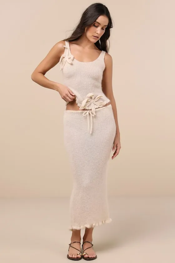 Mimi Cream Semi-Sheer Knit Drawstring Midi Skirt sold by Lulus