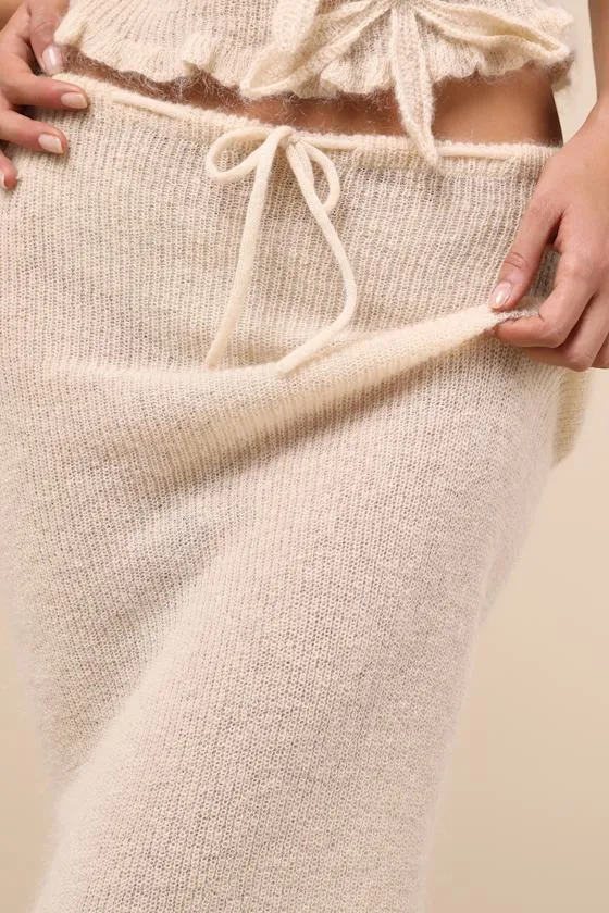 Mimi Cream Semi-Sheer Knit Drawstring Midi Skirt sold by Lulus product image thumbnail 4