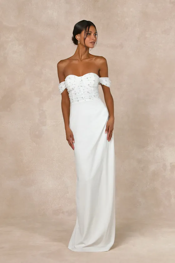 Immensely Charming White Mesh Pearl Bustier Maxi Dress sold by Lulus