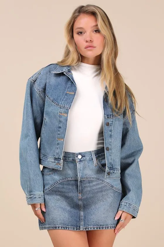Shrunken '90s Medium Wash Denim Western Trucker Jacket sold by Lulus
