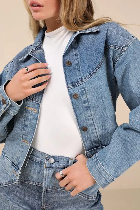 Shrunken '90s Medium Wash Denim Western Trucker Jacket sold by Lulus product image thumbnail 4