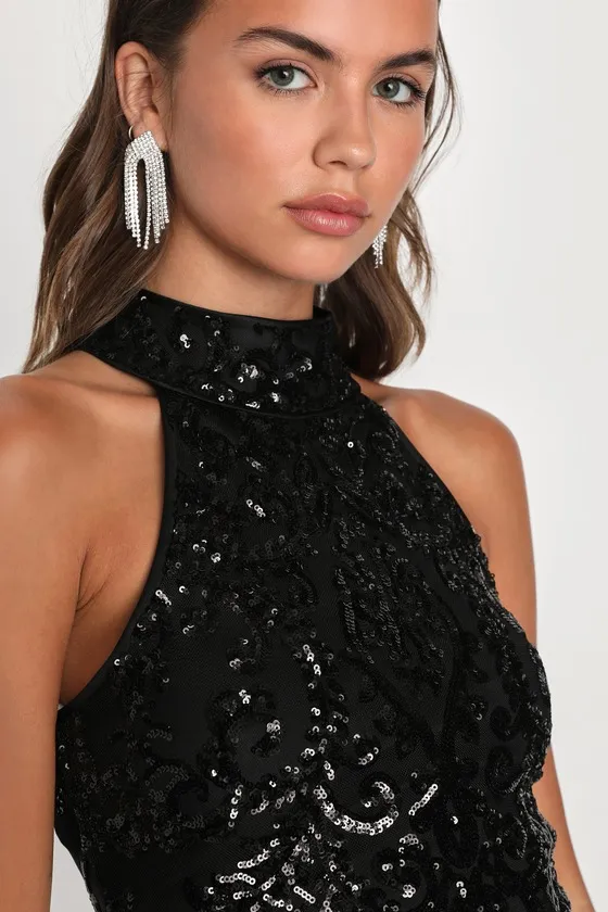 Glittering Glamour Black Sequin Mock Neck Mini Dress sold by Lulus product image thumbnail 3