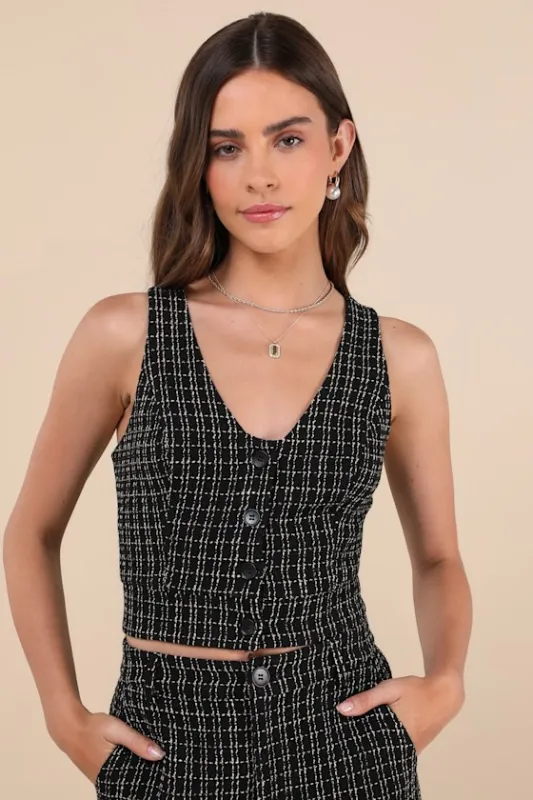 Posh Perception Black and White Plaid Tweed Cropped Button Top sold by Lulus