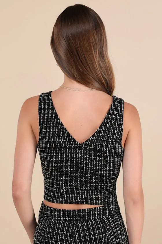 Posh Perception Black and White Plaid Tweed Cropped Button Top sold by Lulus product image thumbnail 3