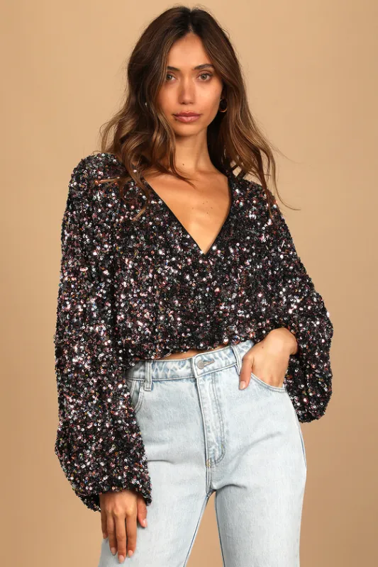 Keep Dazzling Pink Multi Sequin Long Sleeve Crop Top sold by Lulus