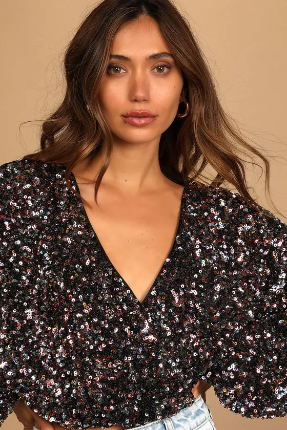 Keep Dazzling Pink Multi Sequin Long Sleeve Crop Top sold by Lulus product image thumbnail 2