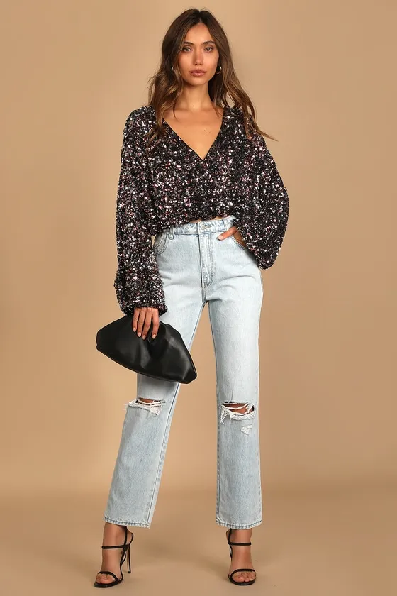 Keep Dazzling Pink Multi Sequin Long Sleeve Crop Top sold by Lulus product image thumbnail 3