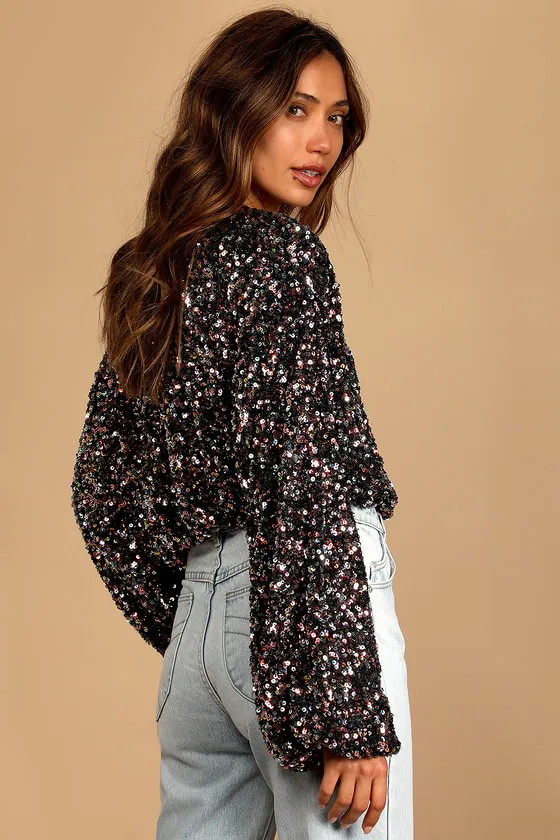 Keep Dazzling Pink Multi Sequin Long Sleeve Crop Top sold by Lulus product image thumbnail 4