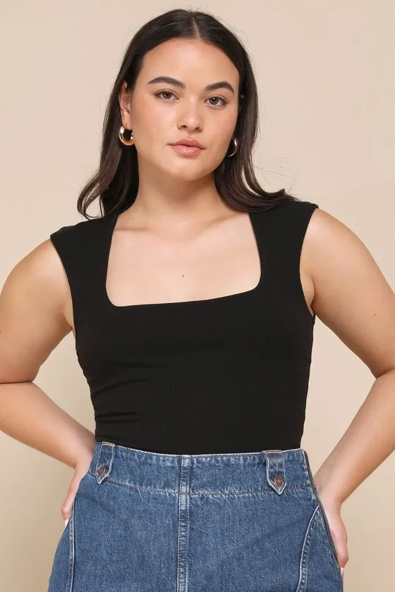 Sweet Crush Black Ribbed Square Neck Bodysuit sold by Lulus product image thumbnail 2