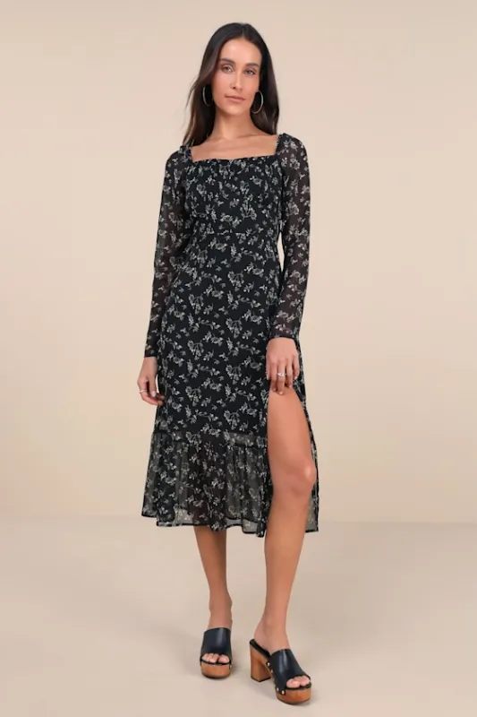 Perfectly Elevated Black Floral Long Sleeve Midi Dress sold by Lulus