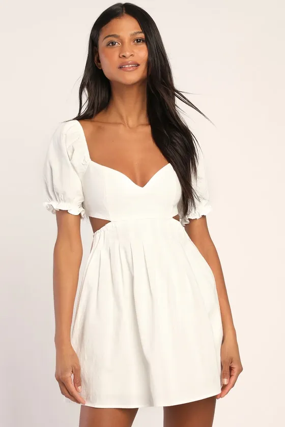 Love the Feeling White Puff Sleeve Lace-Up Cutout Mini Dress sold by Lulus