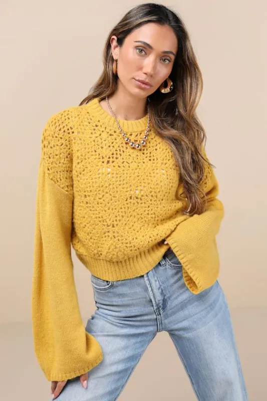 Toasty Cuteness Mustard Yellow Cropped Crochet Sweater sold by Lulus