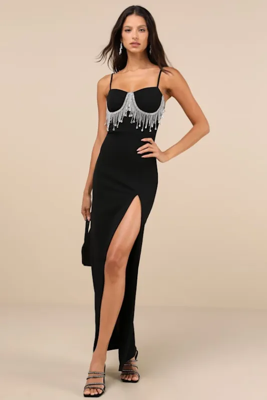 Divine Extravagance Black Rhinestone Fringe Bustier Maxi Dress sold by Lulus