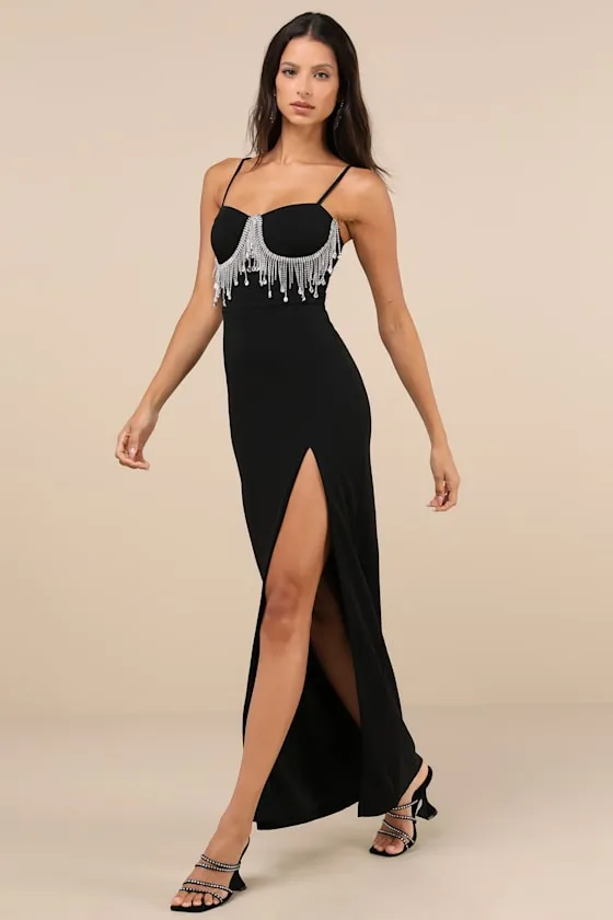 Divine Extravagance Black Rhinestone Fringe Bustier Maxi Dress sold by Lulus product image thumbnail 4