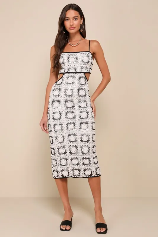 Trendy Beauty Black and Ivory Crochet Tie-Back Midi Dress sold by Lulus