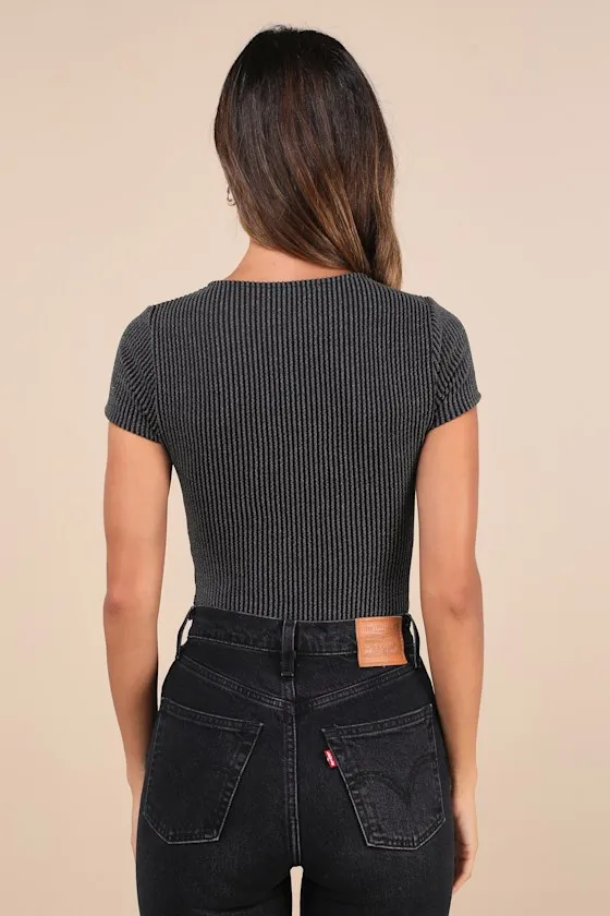 Unique Aura Charcoal Grey Textured Asymmetrical Bodysuit sold by Lulus product image thumbnail 3