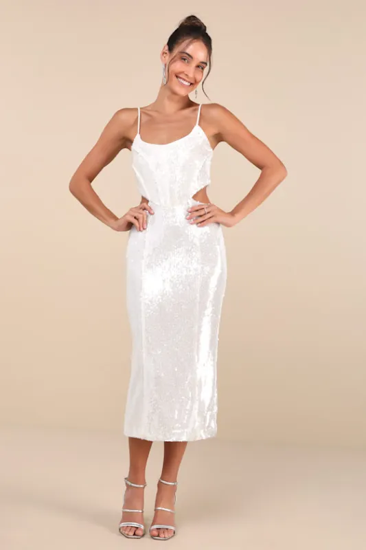 Absolutely Dazzling Ivory Sequin Bustier Cutout Midi Dress sold by Lulus