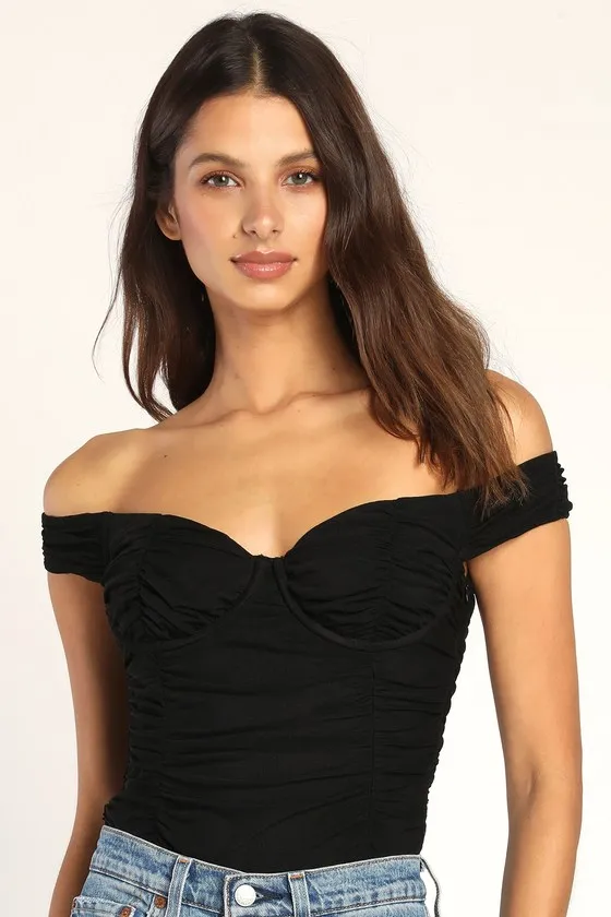 Meant for Love Black Ruched Mesh Off-The-Shoulder Bodysuit sold by Lulus