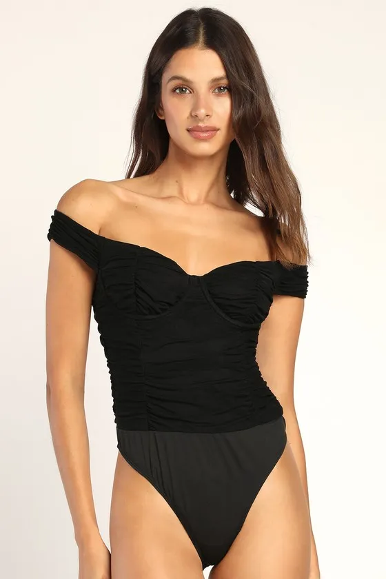 Meant for Love Black Ruched Mesh Off-The-Shoulder Bodysuit sold by Lulus product image thumbnail 4