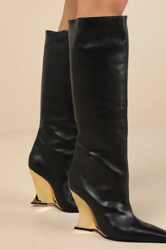 Siena Black and Gold Leather Knee-High Wedge Boots sold by Lulus product image thumbnail 2