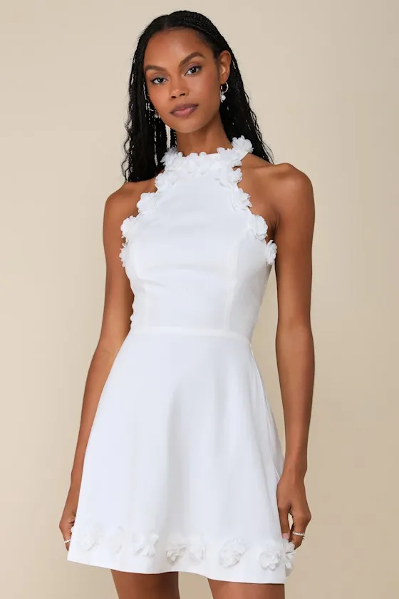 Profound Poise White Linen 3D Floral Mock Neck Mini Dress sold by Lulus