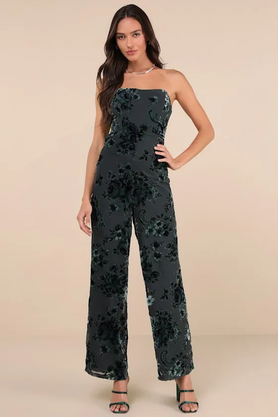 Charismatic Splendor Teal Velvet Burnout Strapless Jumpsuit sold by Lulus