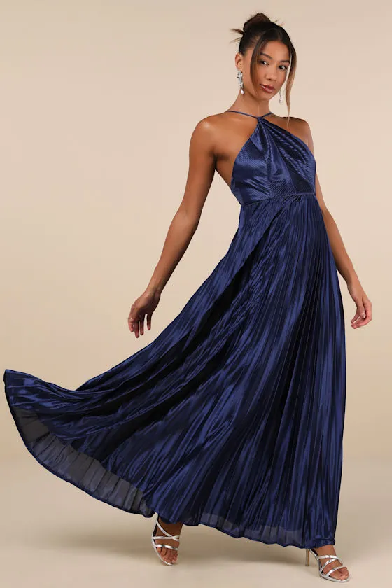 Elaborate Charm Navy Blue Satin Pleated Backless Maxi Dress sold by Lulus