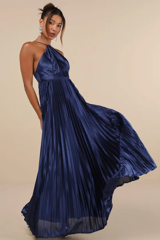 Elaborate Charm Navy Blue Satin Pleated Backless Maxi Dress sold by Lulus product image thumbnail 2