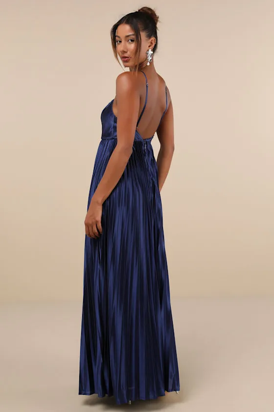 Elaborate Charm Navy Blue Satin Pleated Backless Maxi Dress sold by Lulus product image thumbnail 3