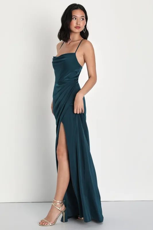 Moments of Beauty Dark Teal Satin Cowl Neck Tulip Maxi Dress sold by Lulus