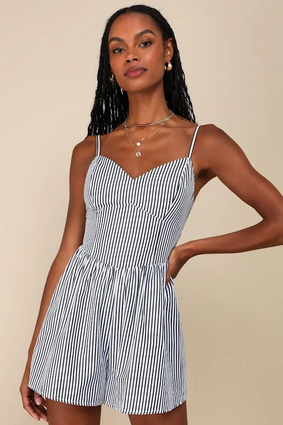 Iconic Sweetie Ivory Striped Poplin V-Neck Sleeveless Romper sold by Lulus product image thumbnail 2