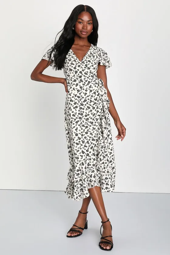 Beautiful Aura Ivory Floral Ruffled Wrap Midi Dress sold by Lulus