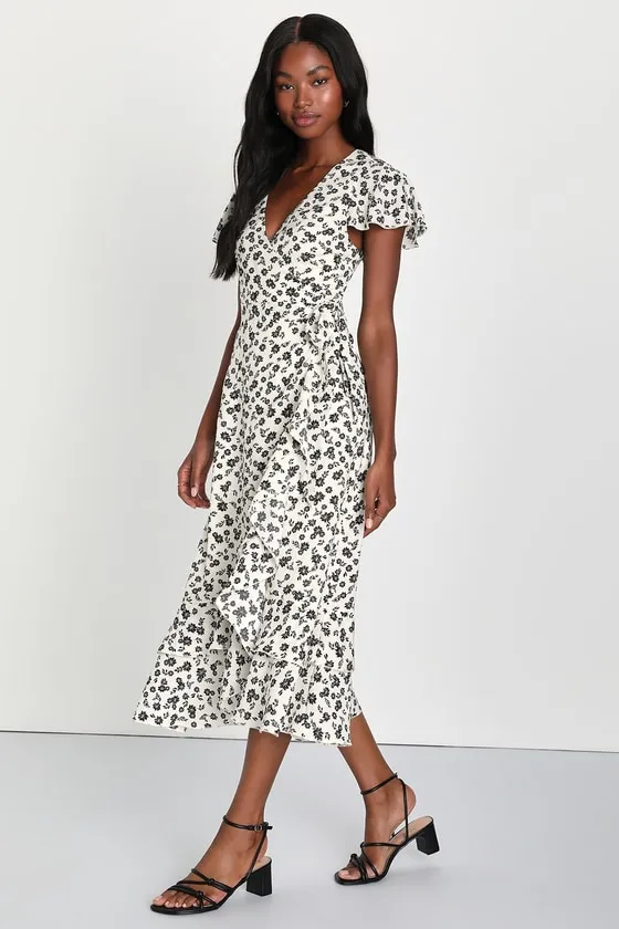 Beautiful Aura Ivory Floral Ruffled Wrap Midi Dress sold by Lulus product image thumbnail 4