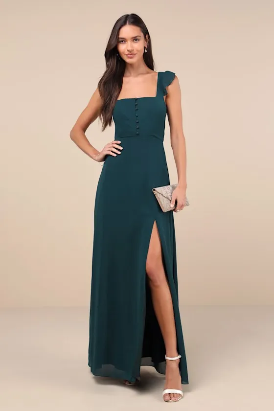 Delightful Loveliness Emerald Green Ruffled Tie-Back Maxi Dress sold by Lulus