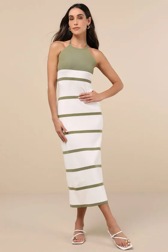 Friendly Cutie Olive and Ivory Striped Knit Halter Midi Dress sold by Lulus