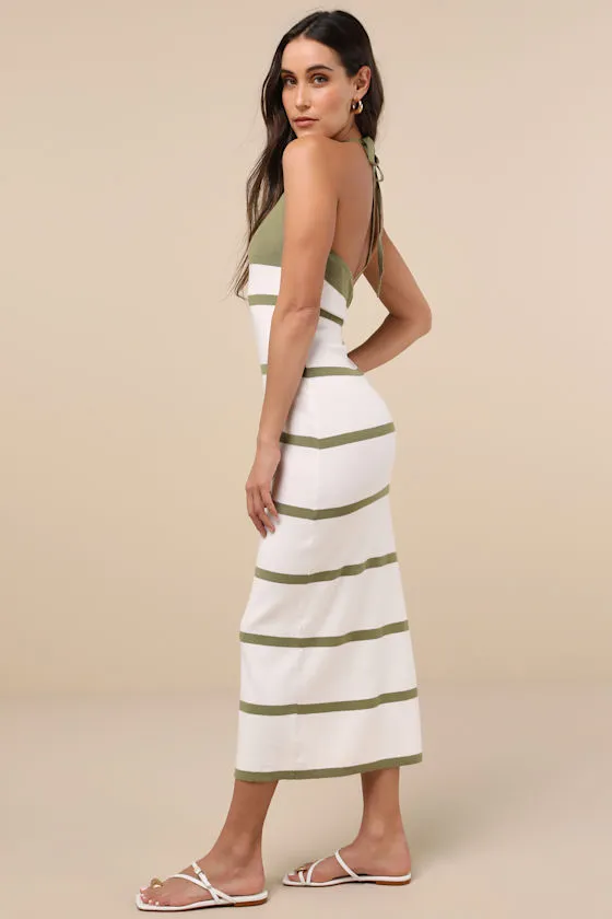 Friendly Cutie Olive and Ivory Striped Knit Halter Midi Dress sold by Lulus product image thumbnail 2