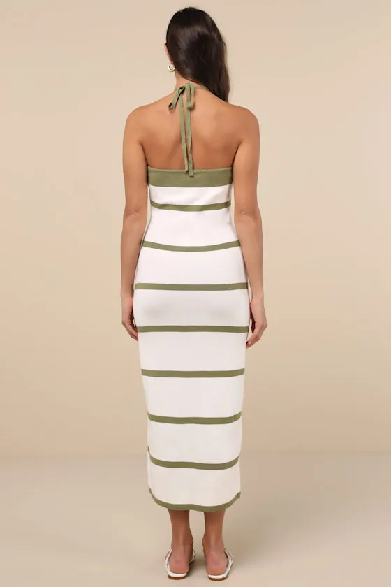 Friendly Cutie Olive and Ivory Striped Knit Halter Midi Dress sold by Lulus product image thumbnail 3