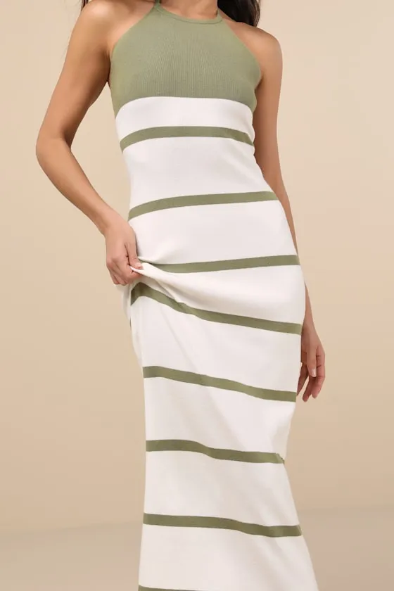 Friendly Cutie Olive and Ivory Striped Knit Halter Midi Dress sold by Lulus product image thumbnail 4