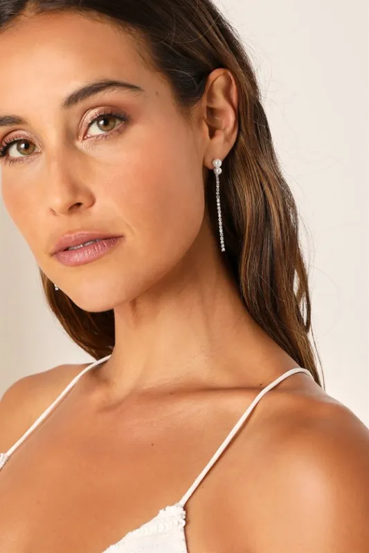 Trendy Radiance Silver Rhinestone Pearl Drop Earrings sold by Lulus