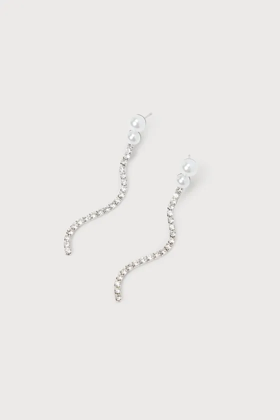 Trendy Radiance Silver Rhinestone Pearl Drop Earrings sold by Lulus product image thumbnail 2