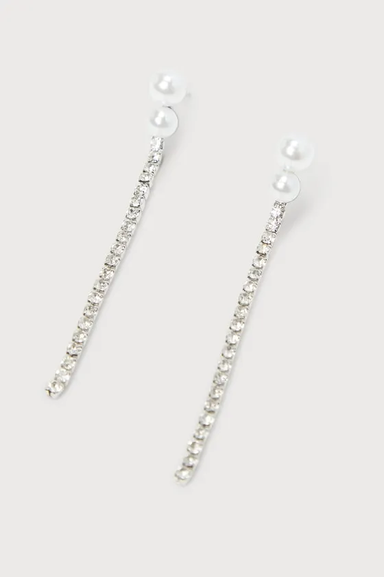 Trendy Radiance Silver Rhinestone Pearl Drop Earrings sold by Lulus product image thumbnail 3