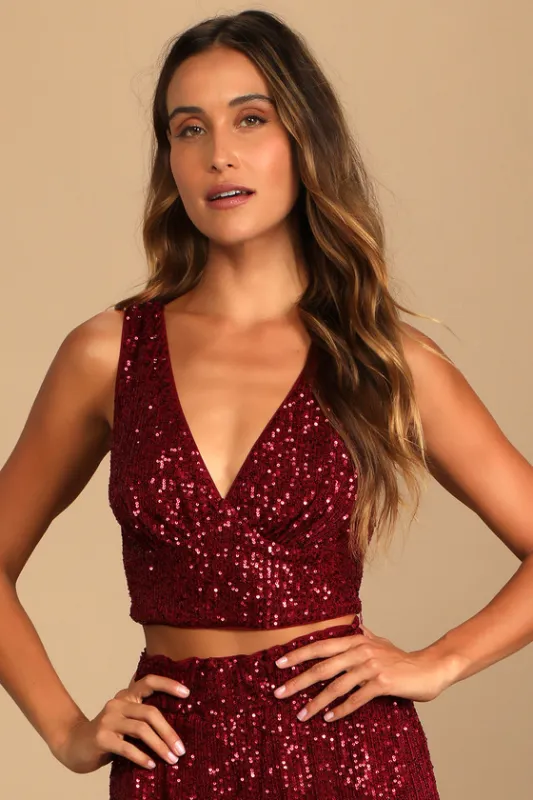 Flawless Sparkle Wine Red Sequin V-Neck Tank Top sold by Lulus