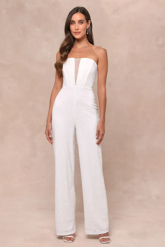 Glamorous Spirit White Sequin Strapless Bustier Jumpsuit sold by Lulus