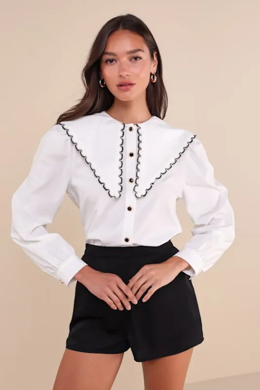 Saloon White Statement Collar Long Sleeve Button-Up Top sold by Lulus