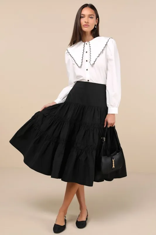 Darling Flourish Black Tiered High-Rise Midi Skirt sold by Lulus